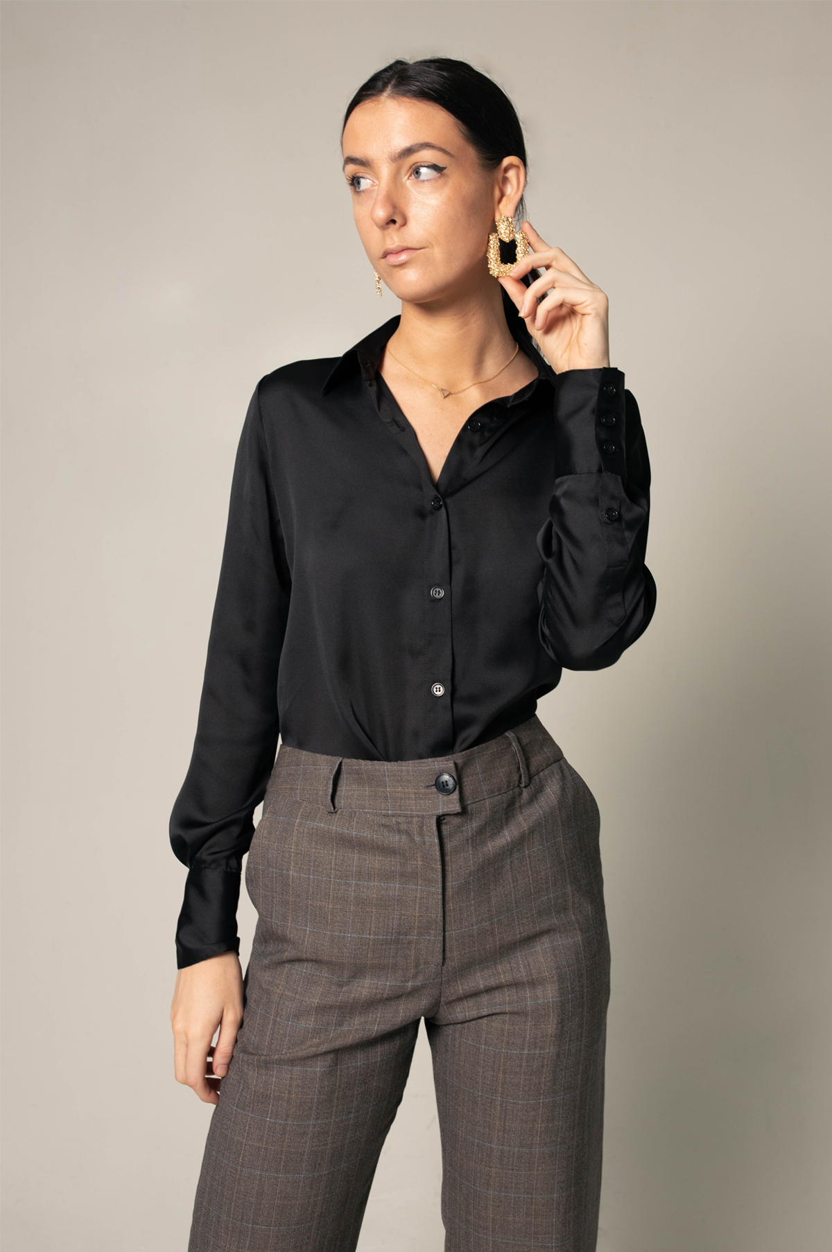 Elegance Silk Shirt in Black, showcasing luxurious silk charmeuse fabric with a classic design, perfect for work and special occasions.