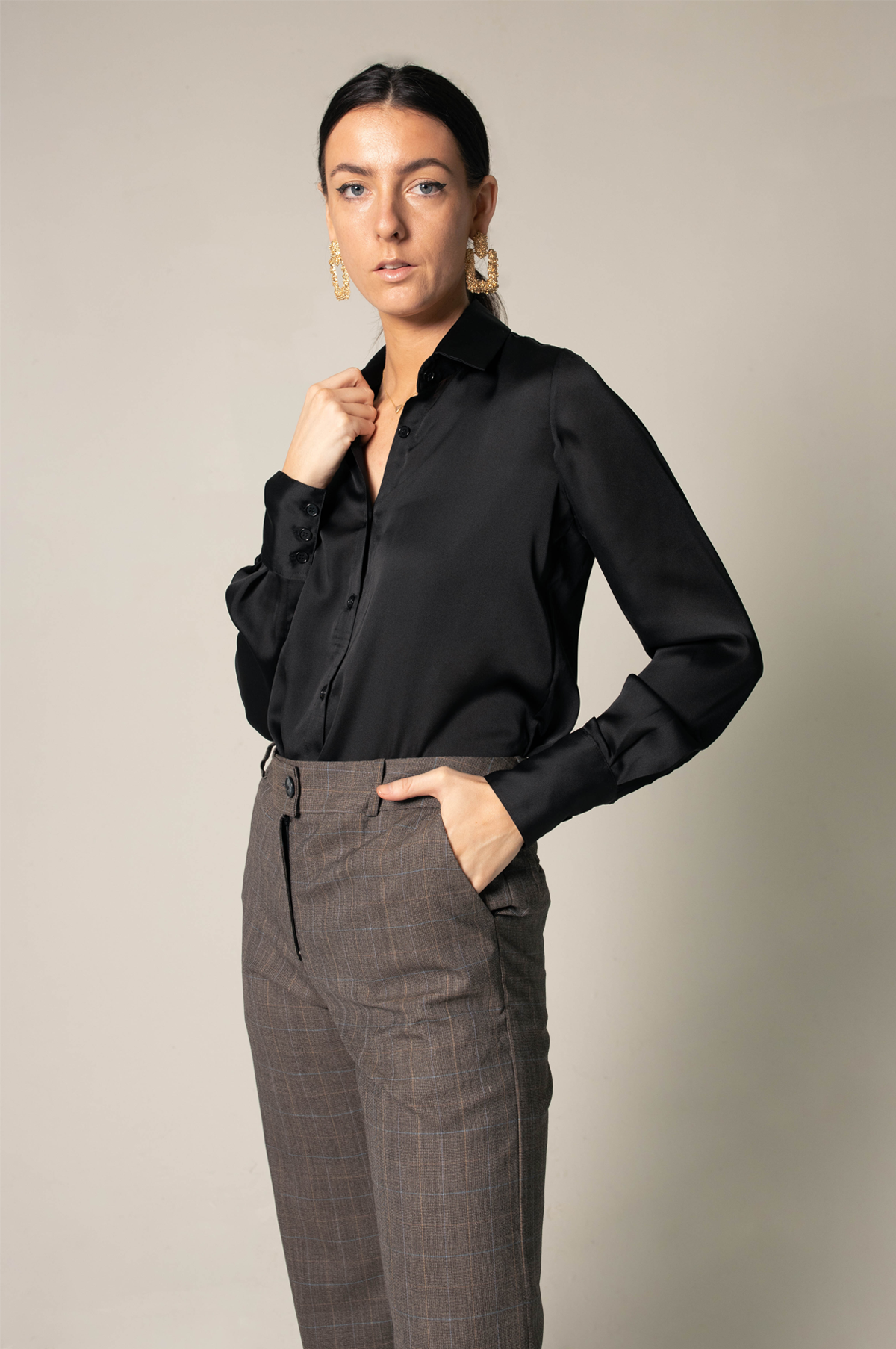 Elegance Silk Shirt in Black, showcasing luxurious silk charmeuse fabric with a classic design, perfect for work and special occasions.