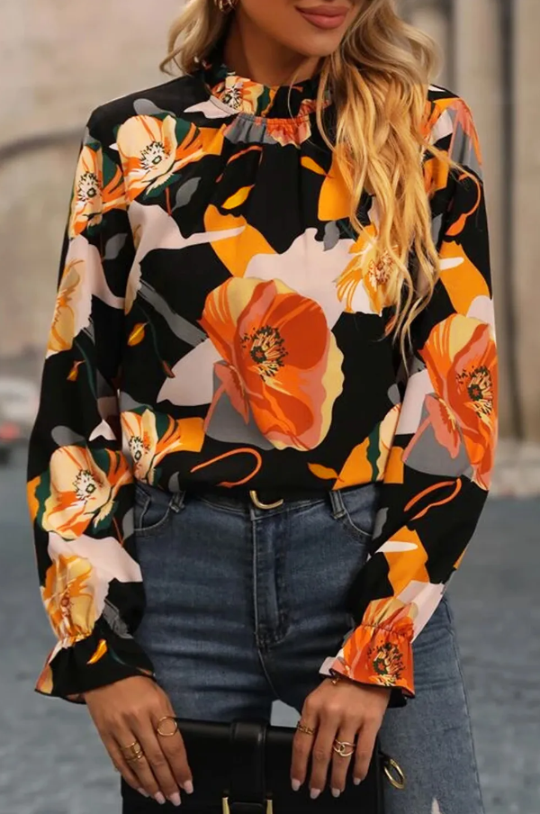 Elegant black high neck blouse with floral print and long sleeves, featuring a loose fit and cuffed wrists.