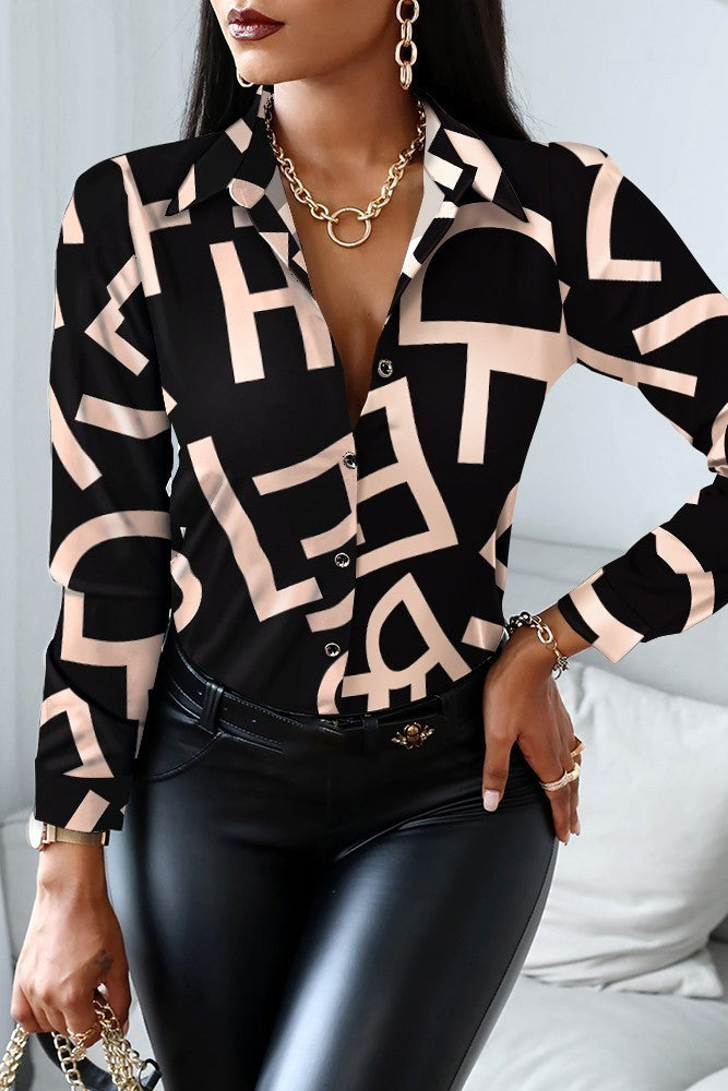 Elegant black blouse with trendy letter print, featuring long sleeves and classic collar, made of high-quality faux satin.