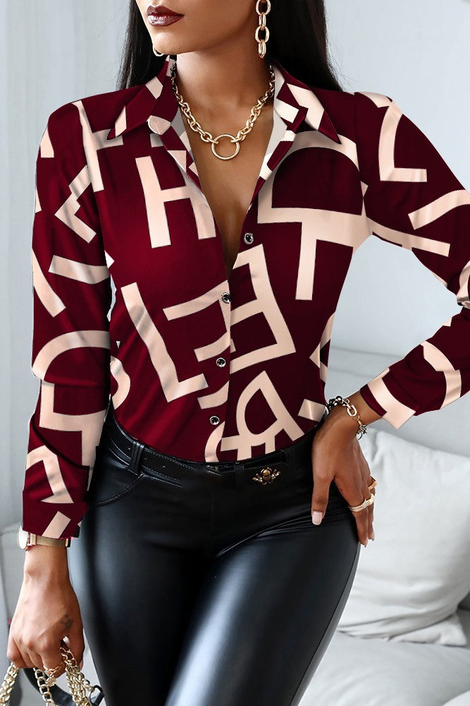 Elegant burgundy blouse with letter print, featuring a classic collar and long sleeves, made from high-quality imitation satin.