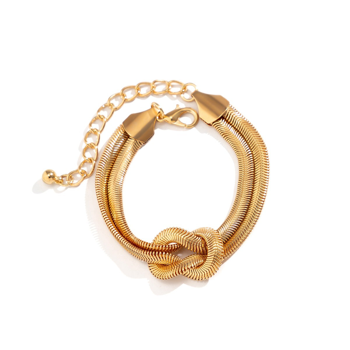 Elegant gold color bracelet featuring a decorative knot and metal hook closure, designed with multiple chains for a stylish look.