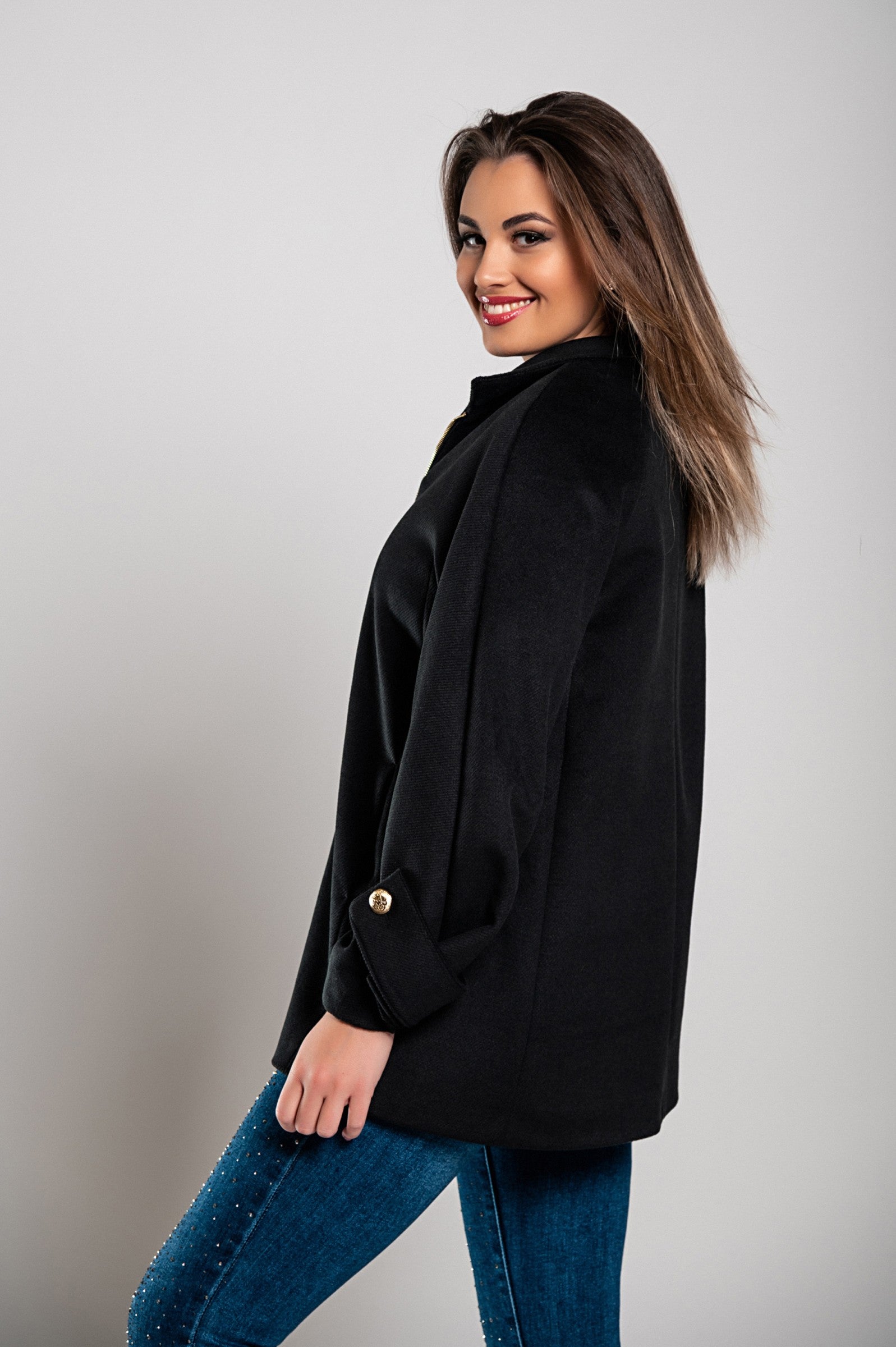 Elegant black coat Albineya with classic collar and zip fastening, made in Italy, showcasing high-quality soft fabric.