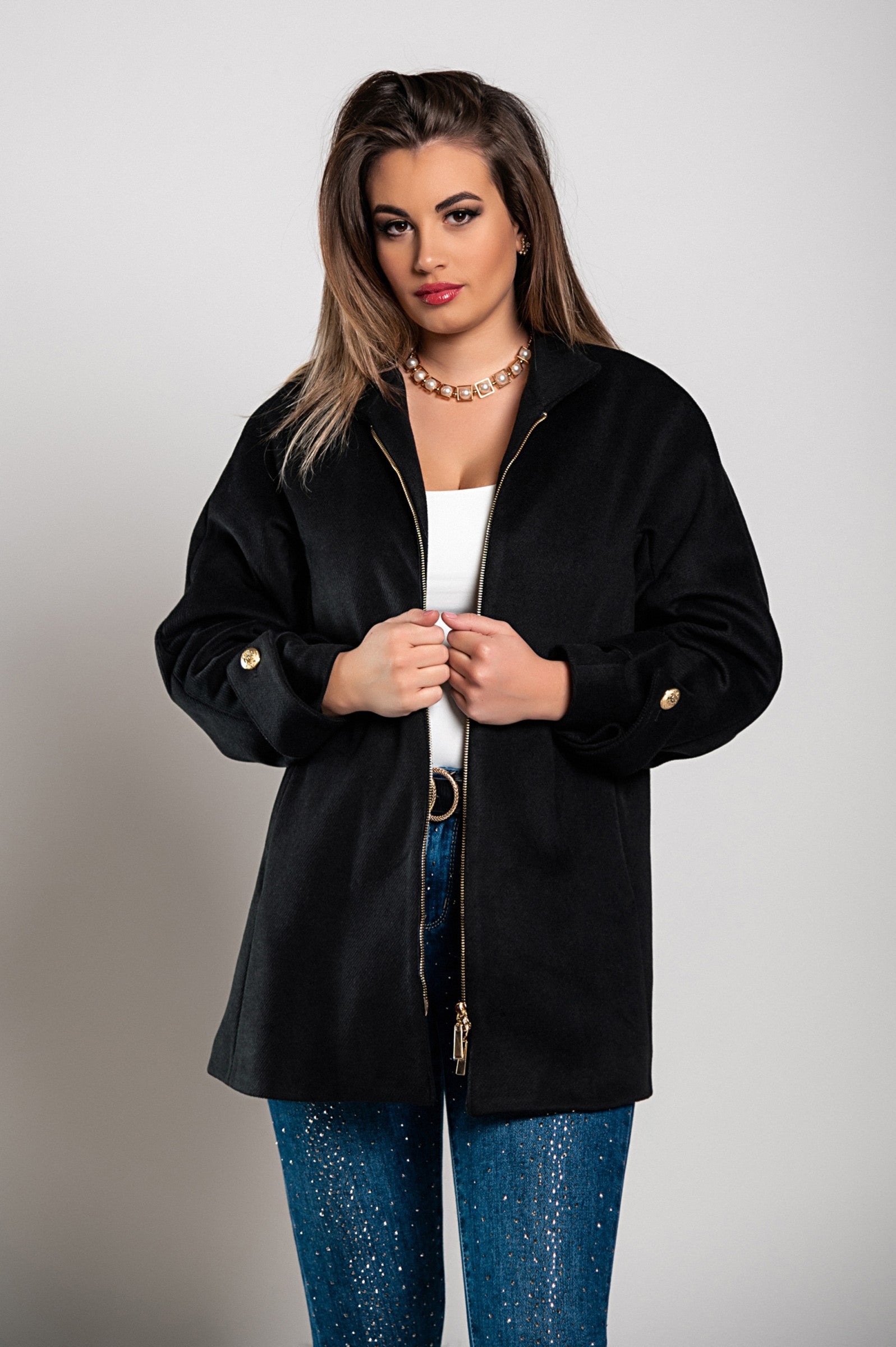 Elegant black coat Albineya with classic collar and zip fastening, made in Italy, showcasing high-quality soft fabric.