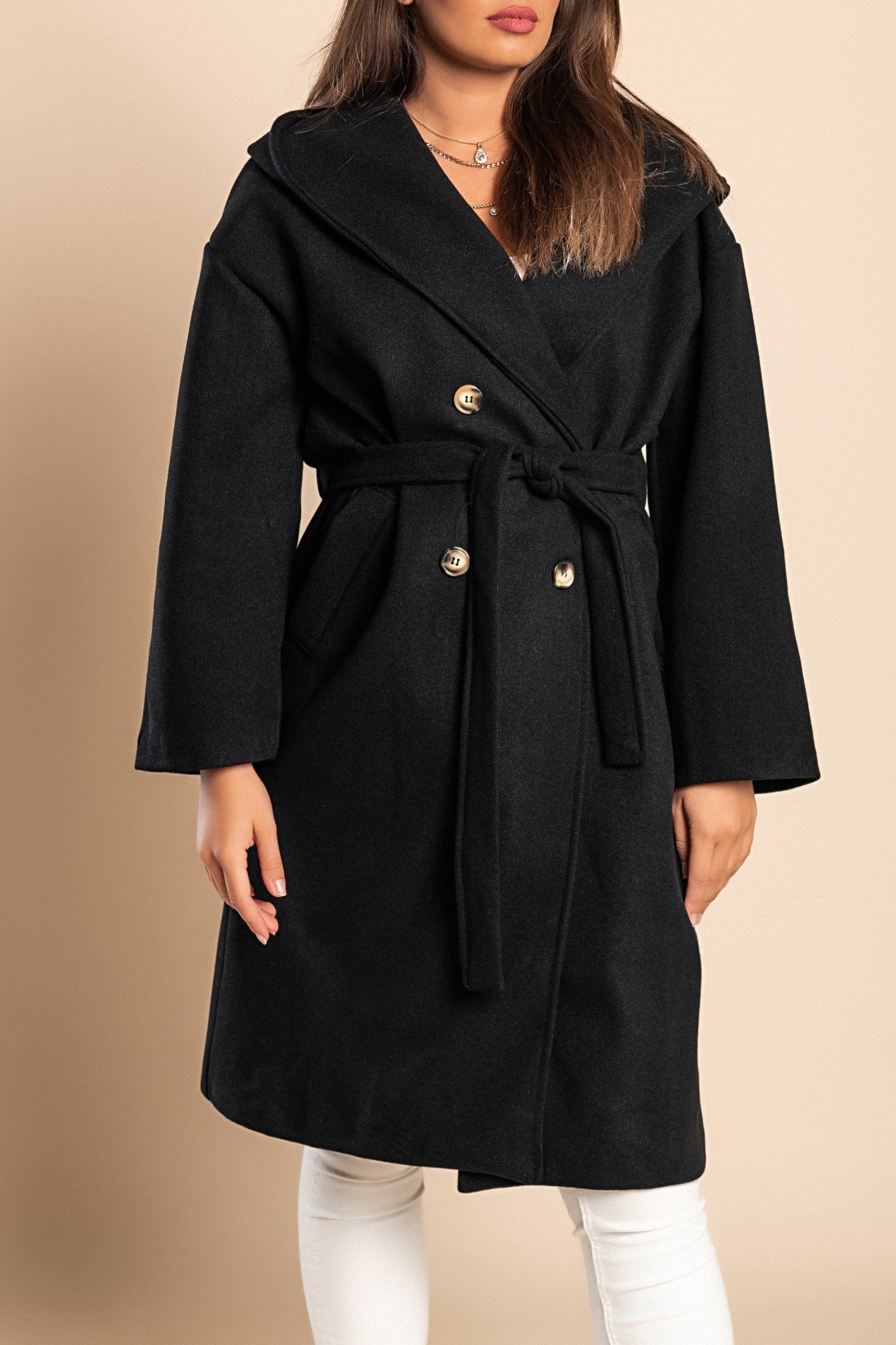 Elegant black coat with hood, featuring an elastic waist and decorative belt, made in Italy.