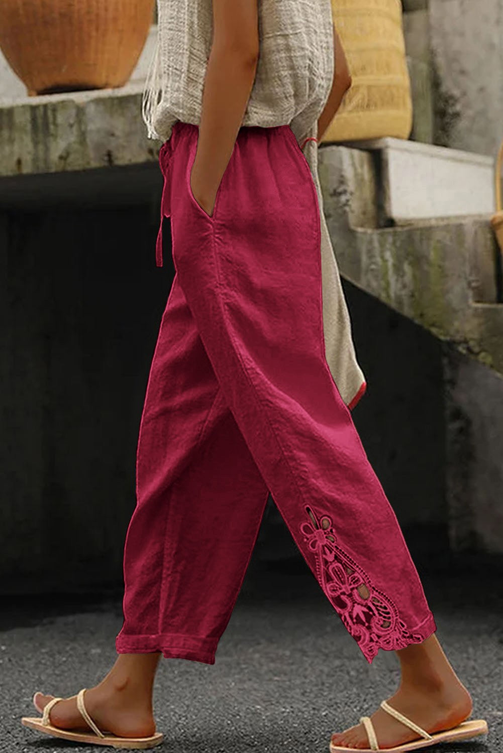 Elegant fuchsia cotton trousers with lace trim, featuring a straight cut and drawstring waist, perfect for stylish comfort.