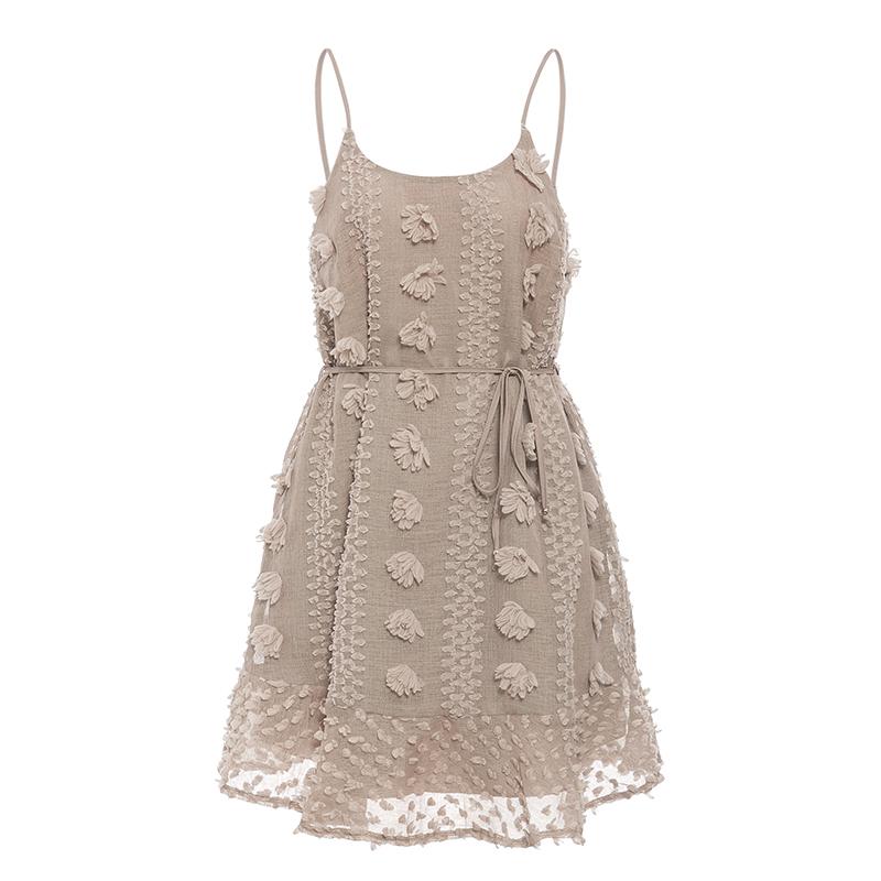 Elegant flower embroidery short dress featuring spaghetti straps and a knee-length A-line silhouette, perfect for summer occasions.