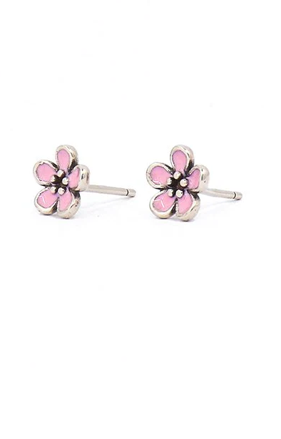 Elegant pink flower-shaped earrings made of 100% silver, showcasing intricate petal design.