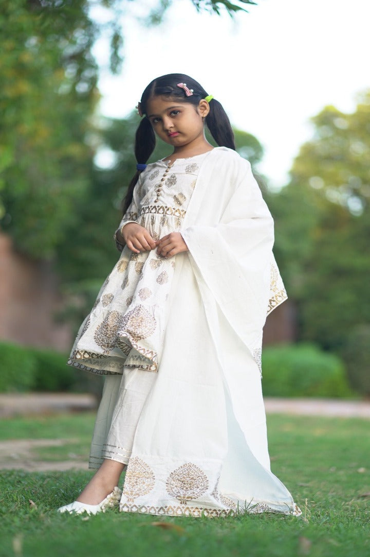 Elegant Girls Sharara Set featuring a floral embroidered kurta, relaxed fit sharara pants, and a matching dupatta, perfect for special occasions.