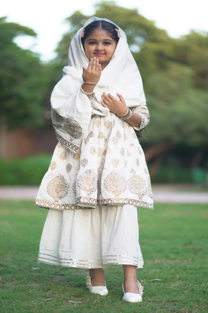 Elegant Girls Sharara Set featuring a floral embroidered kurta, relaxed fit sharara pants, and a matching dupatta, perfect for special occasions.