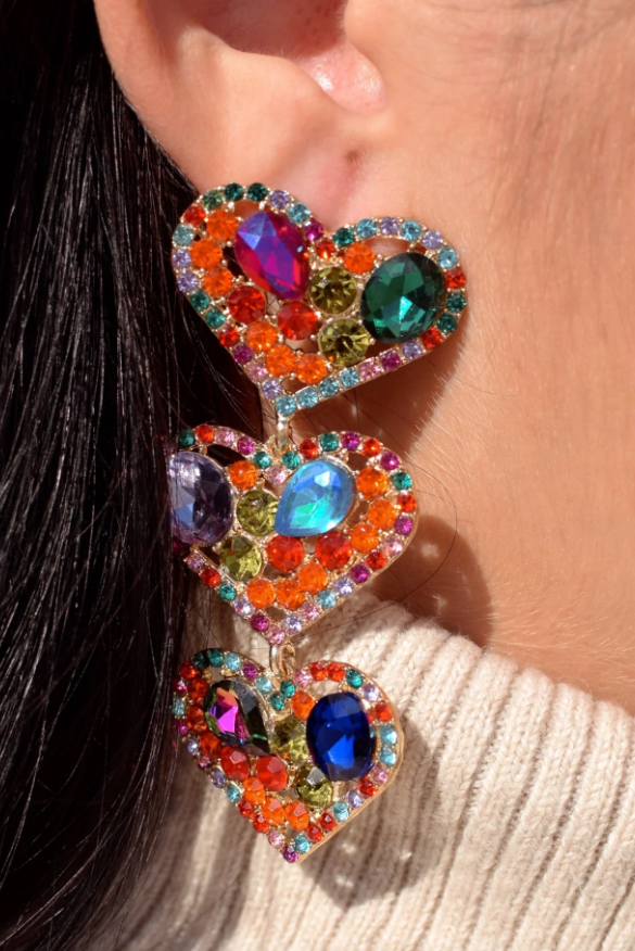 Elegant heart-shaped drop earrings with multicolor rhinestones, showcasing a stylish design perfect for any occasion.