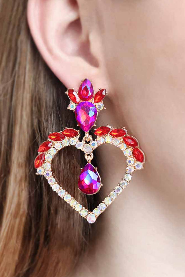 Elegant red heart-shaped earrings adorned with rhinestones, showcasing a stylish design perfect for any occasion.