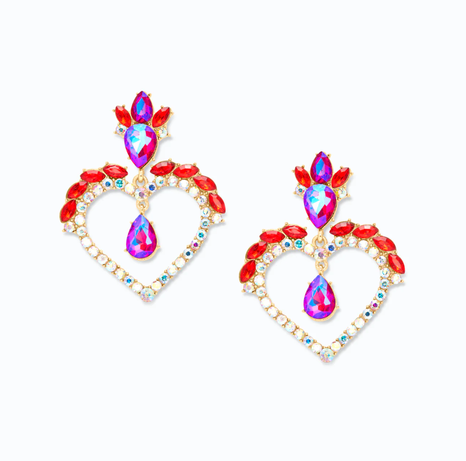 Elegant red heart-shaped earrings adorned with rhinestones, showcasing a stylish design perfect for any occasion.