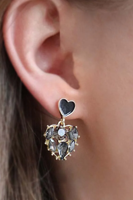 Elegant heart-shaped earrings in black with rhinestones, showcasing a stylish design perfect for any occasion.