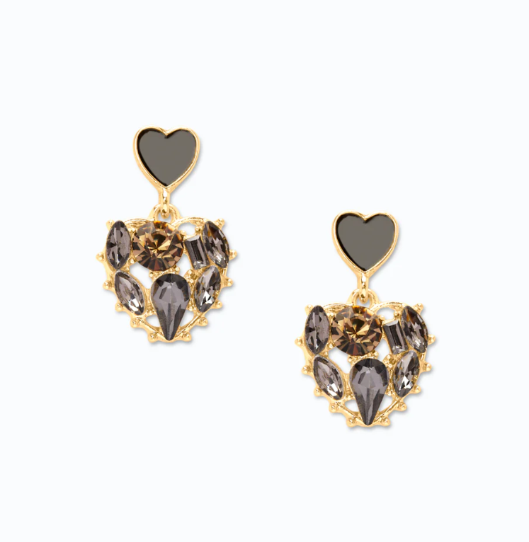 Elegant black heart-shaped earrings adorned with rhinestones, showcasing a stylish and sophisticated design.