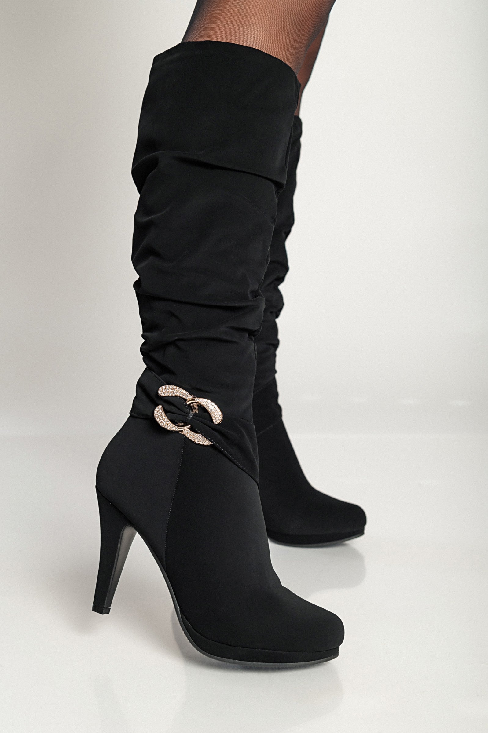 Black high-heeled boots with buckle