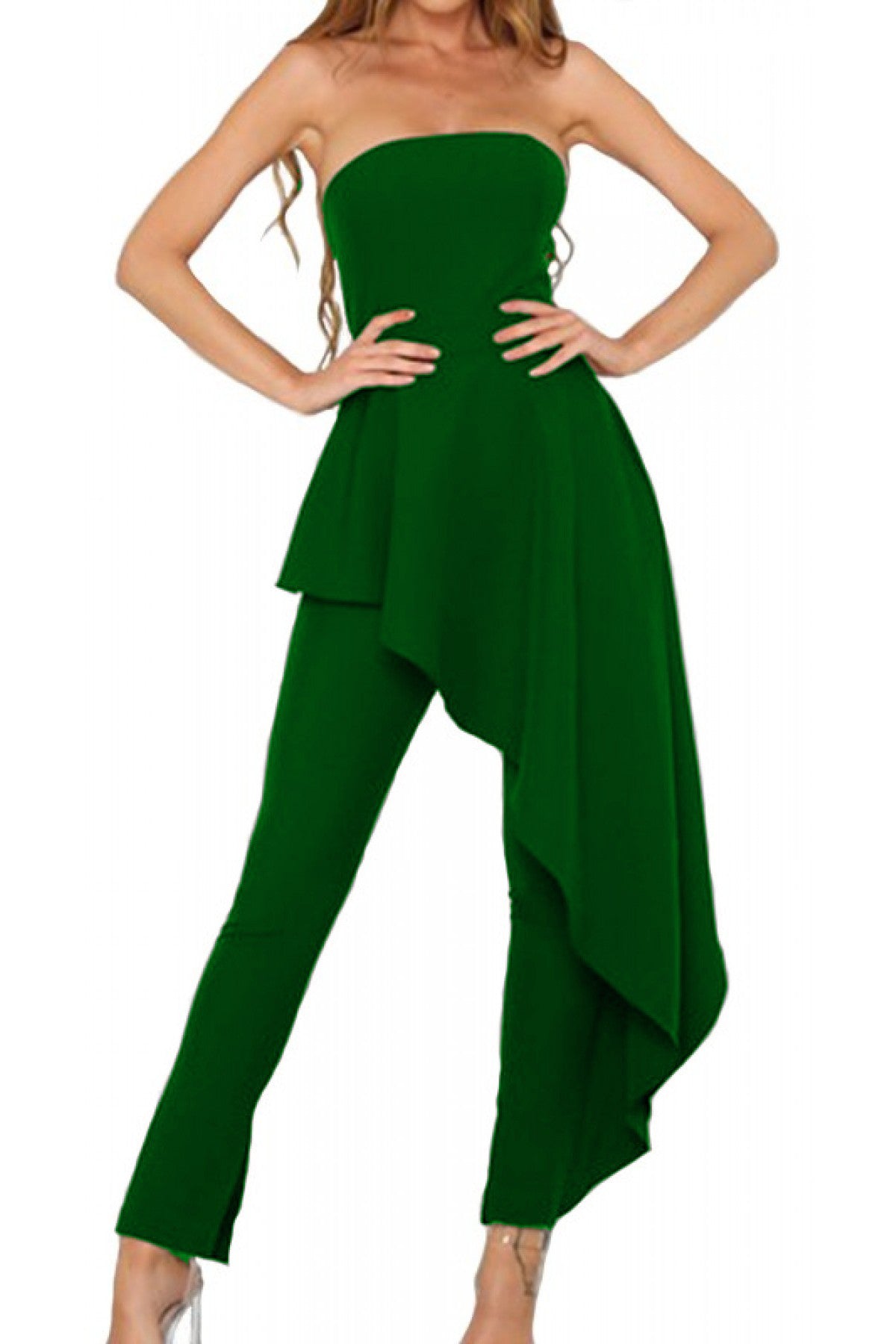 Elegant green jumpsuit Ema featuring asymmetric skirt detail and zipper closure, made in Italy.