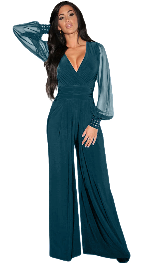 Elegant petrol jumpsuit with V neckline and long transparent sleeves, featuring gold rivets at the wrists.