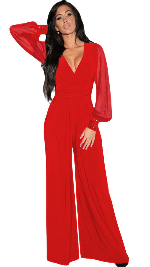 Elegant red jumpsuit with v-neckline and sheer long sleeves, featuring gold rivets and wide trousers.