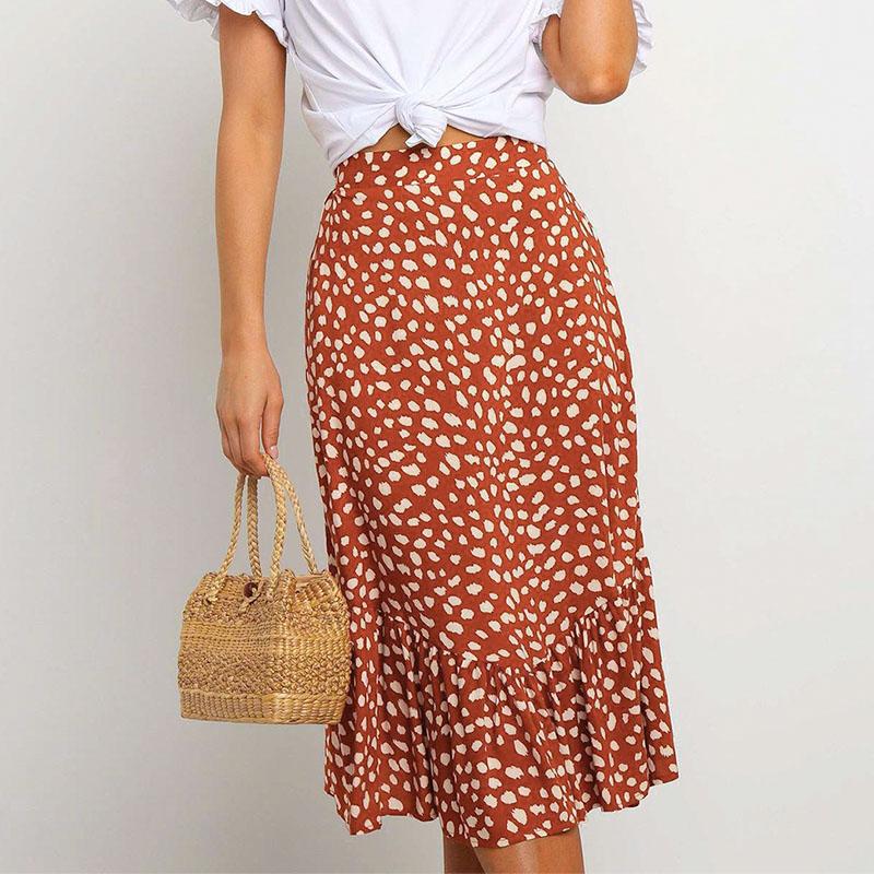 Elegant leopard print midi skirt with ruffles and high waist, showcasing a stylish A-Line silhouette for women.