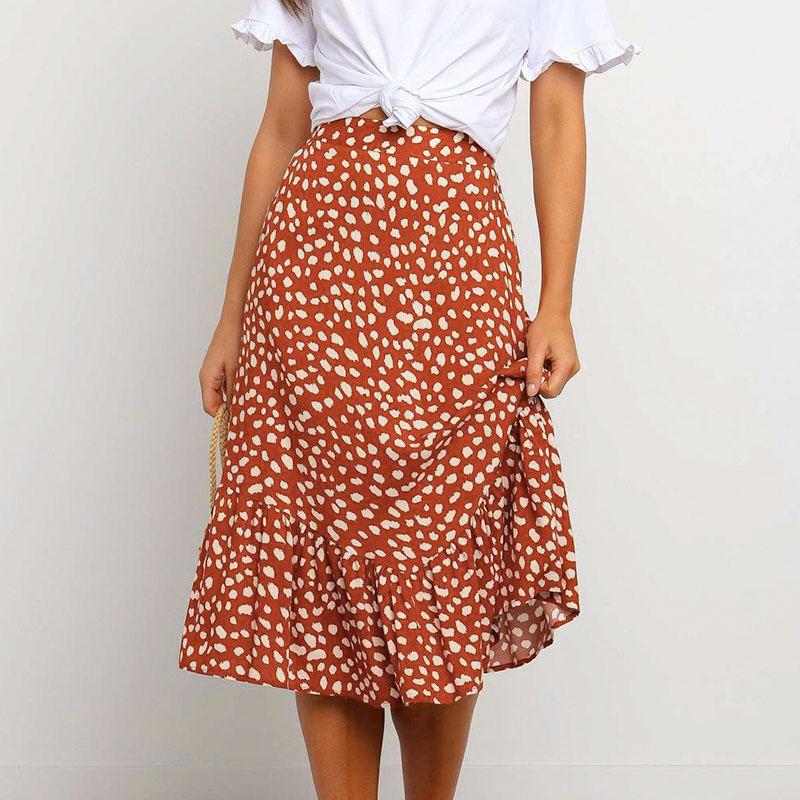 Elegant leopard print midi skirt with ruffles and high waist, showcasing a stylish A-Line silhouette for women.