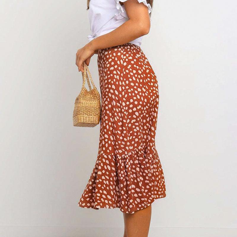 Elegant leopard print midi skirt with ruffles and high waist, showcasing a stylish A-Line silhouette for women.