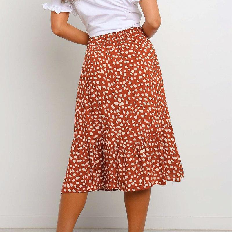 Elegant leopard print midi skirt with ruffles and high waist, showcasing a stylish A-Line silhouette for women.