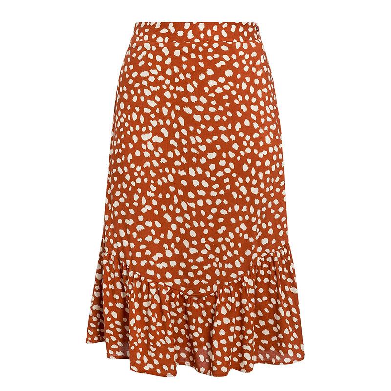 Elegant leopard print midi skirt with ruffles and high waist, showcasing a stylish A-Line silhouette for women.