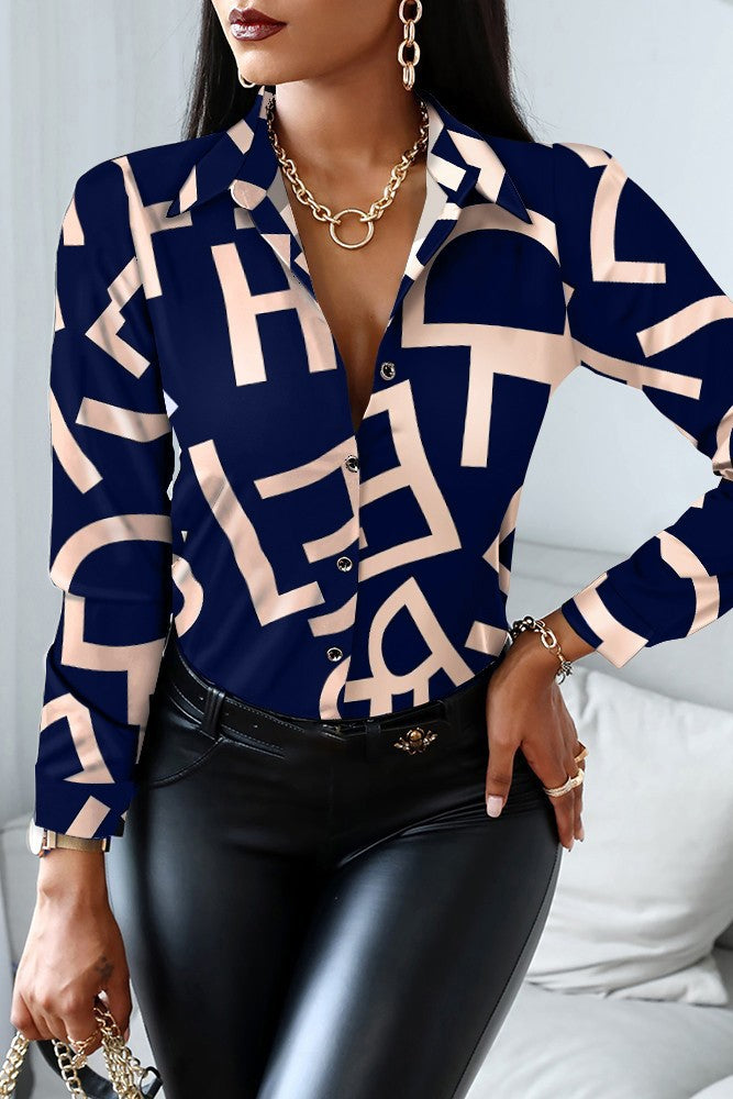 Elegant blue blouse with letter print, classic collar, and long sleeves, made of high-quality imitation satin.