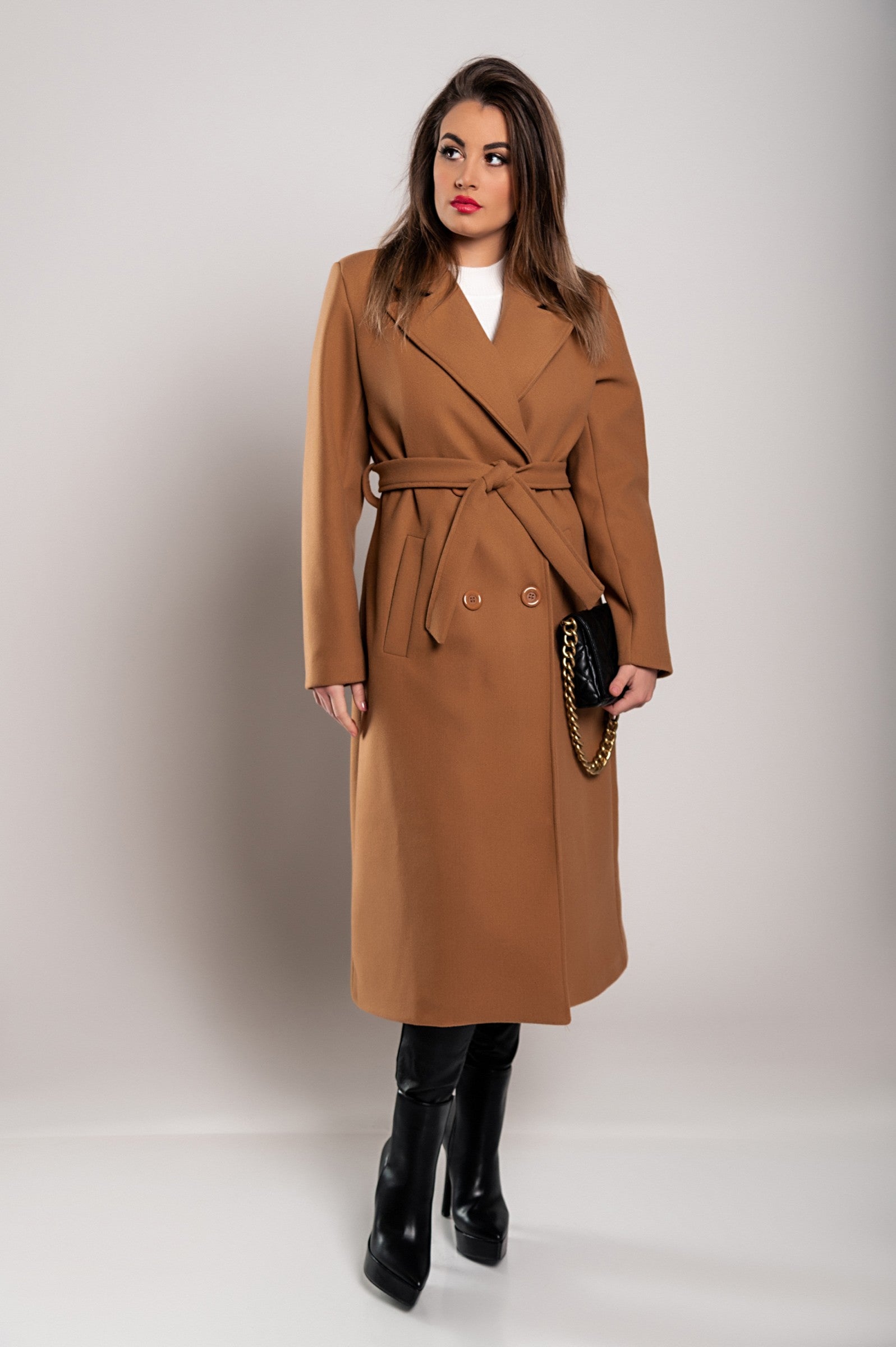 Elegant camel long coat with buttons, featuring a classic collar and decorative belt, perfect for stylish occasions.