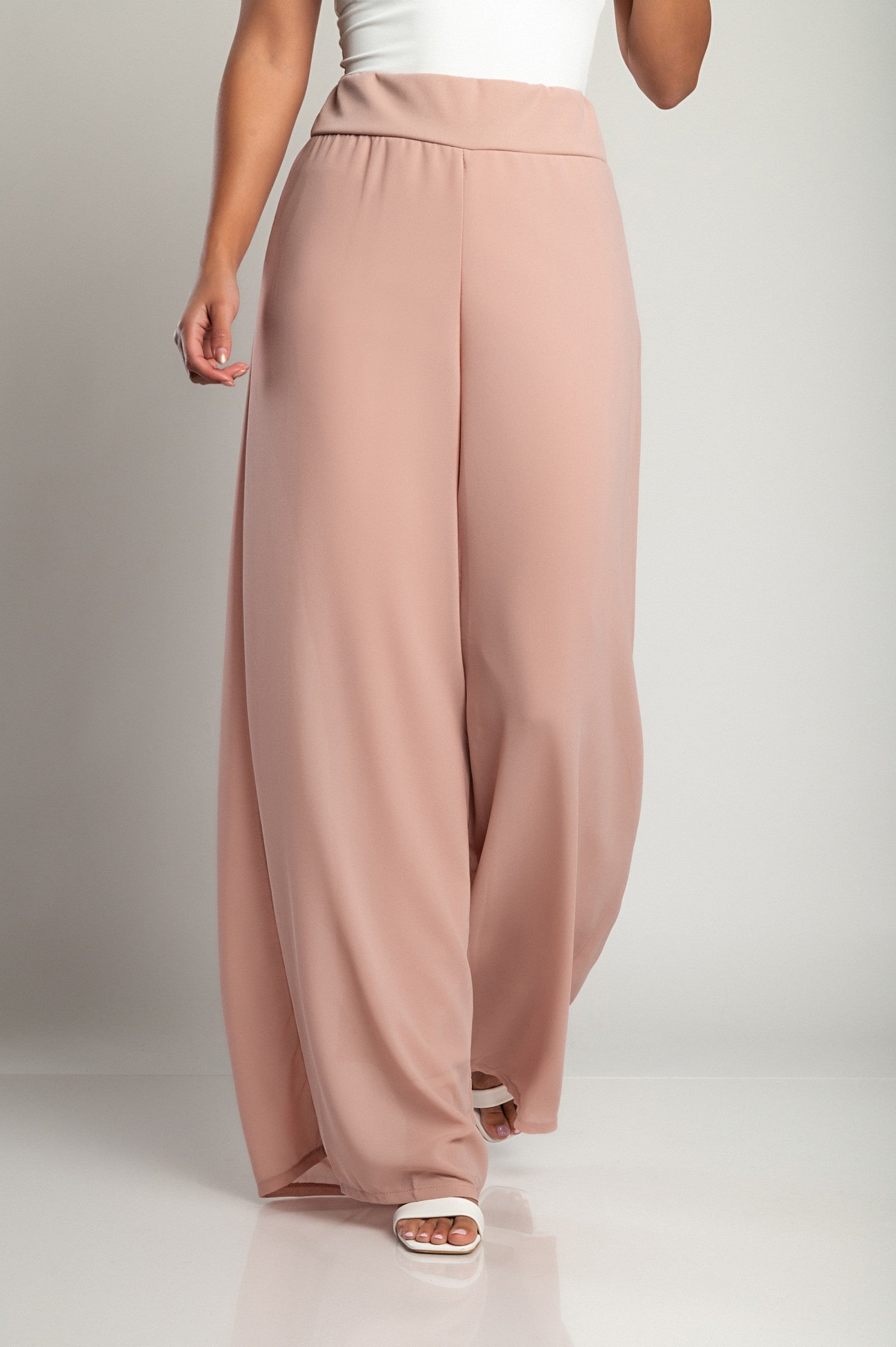 Elegant long pants Veronna in pink, featuring a high waist and sheer fabric layer, designed for comfort and style.