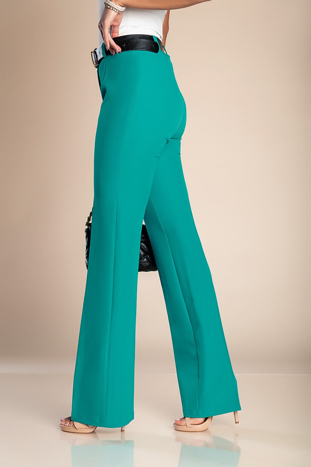 Elegant long straight leg trousers in mint color, featuring a zip and button closure, made from high-quality materials.