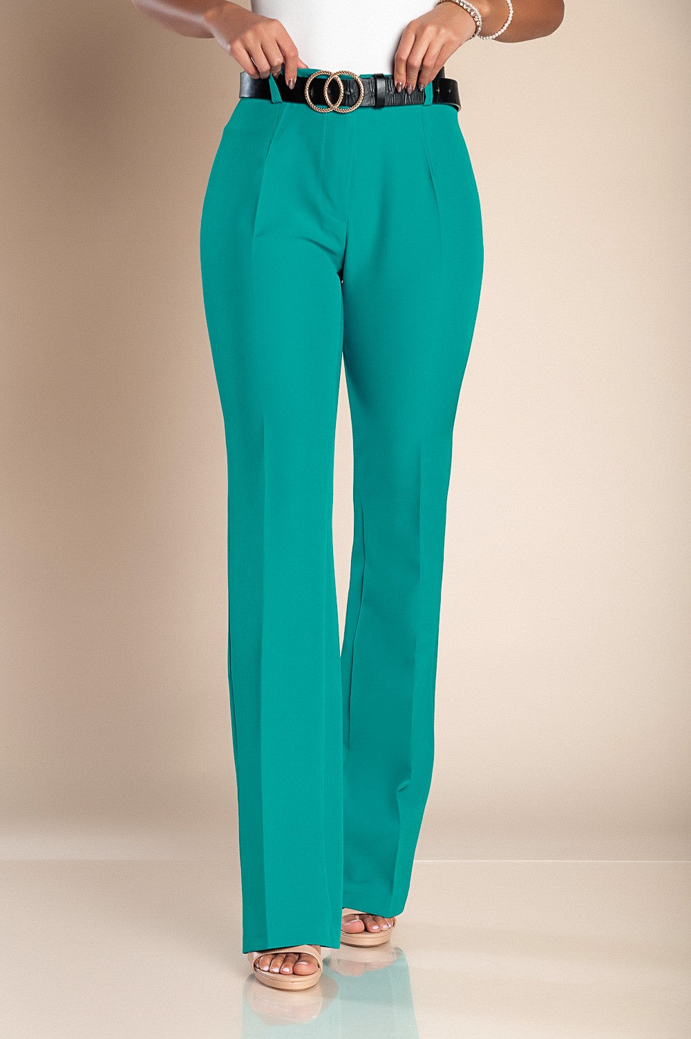 Elegant long straight leg trousers in mint color, featuring a zip and button closure, made from high-quality materials.