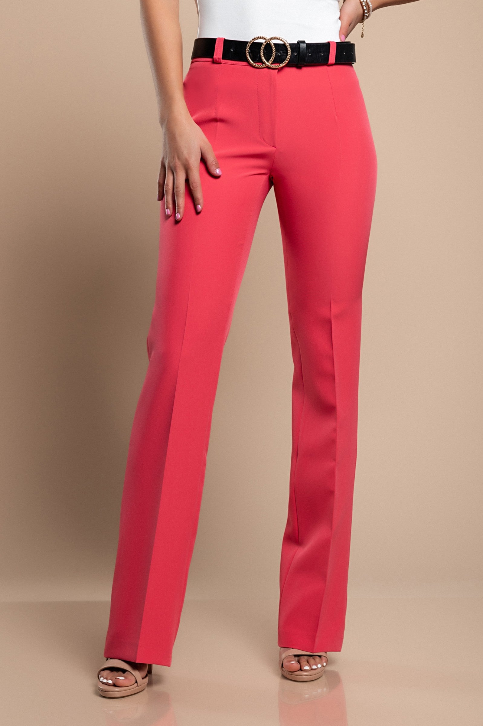 Elegant long straight-leg trousers in coral color, showcasing high-quality Italian craftsmanship and stylish design.