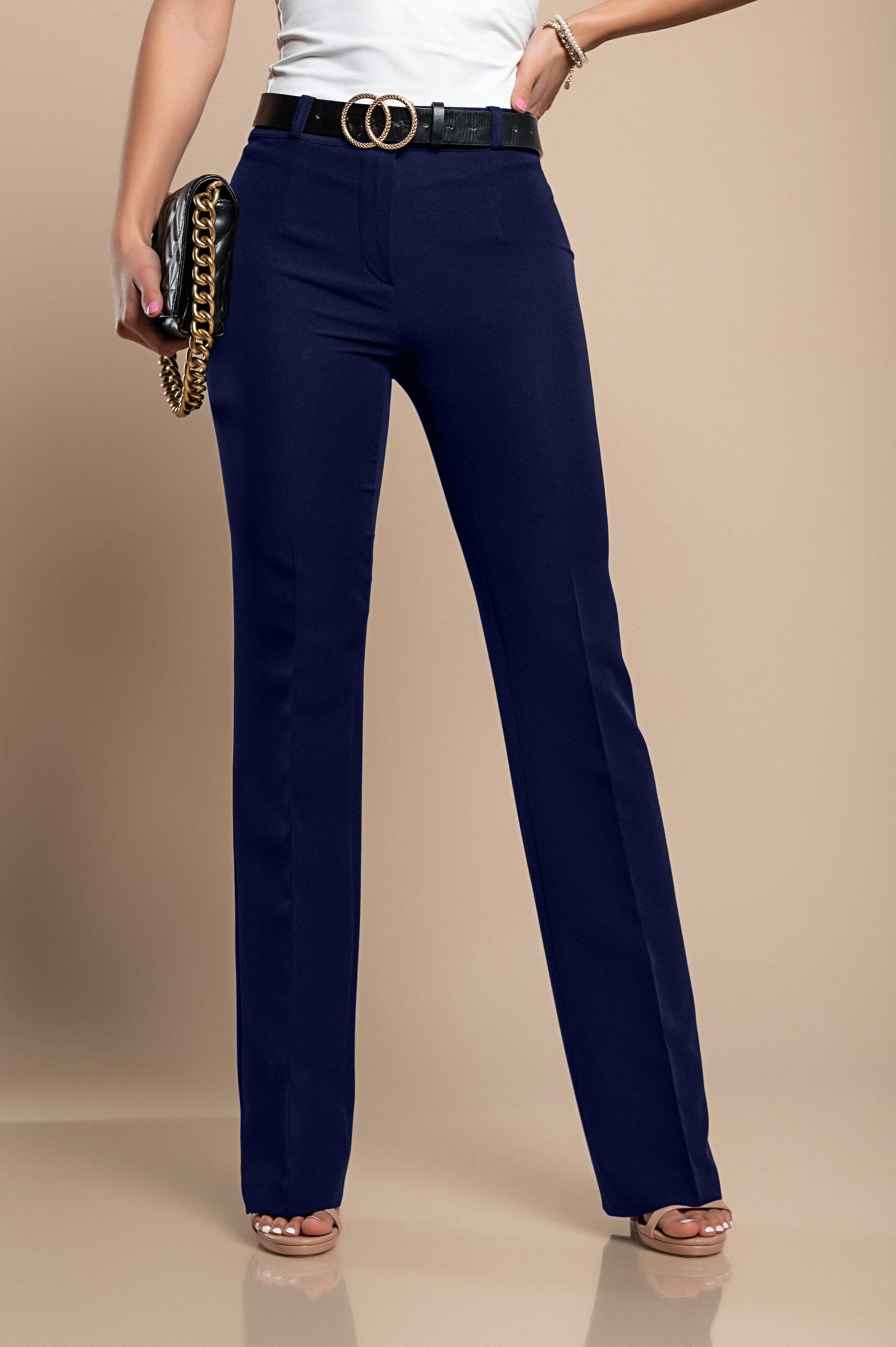 Elegant long straight-leg trousers in dark blue, showcasing high-quality fabric and stylish design.