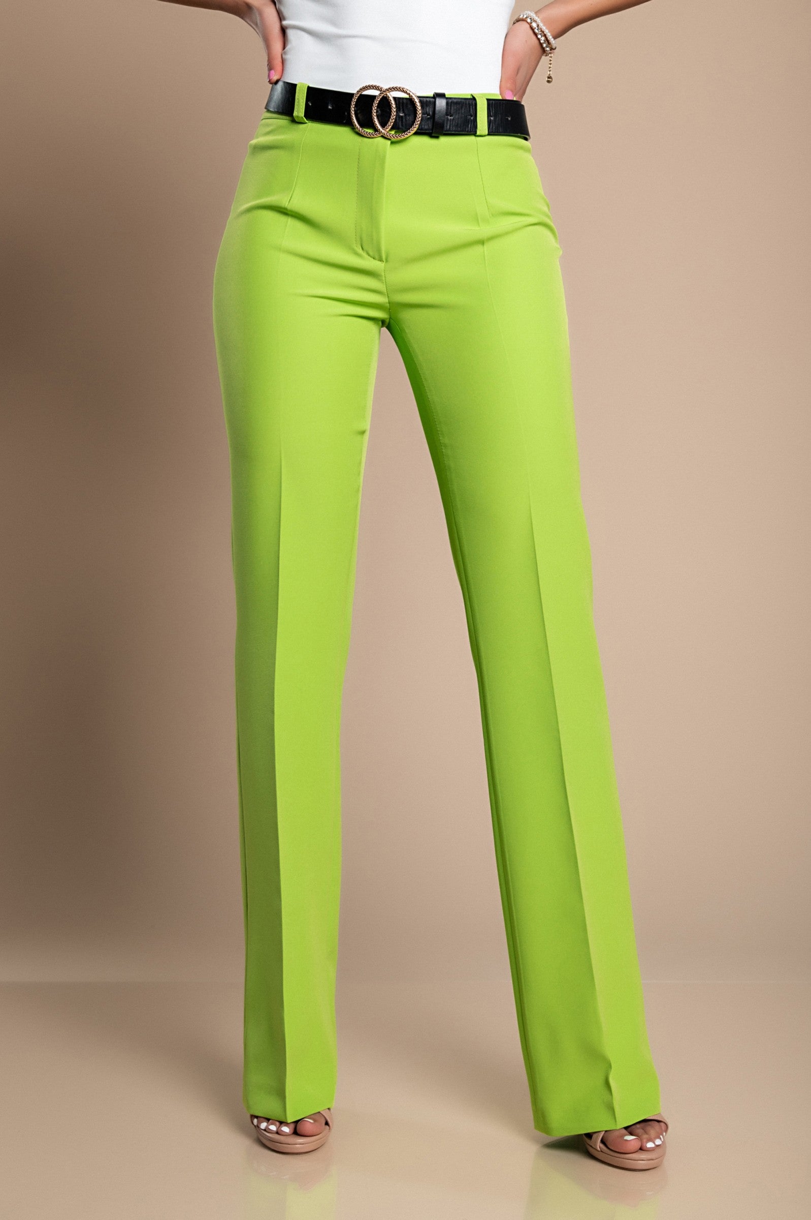 Elegant long straight-leg trousers in green, showcasing high-quality fabric and stylish design.