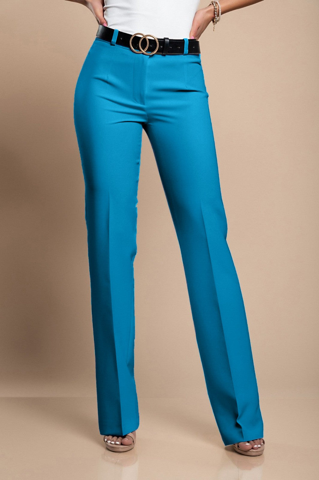 Elegant light blue long trousers with straight leg design, featuring zip and button closure, made in Italy.