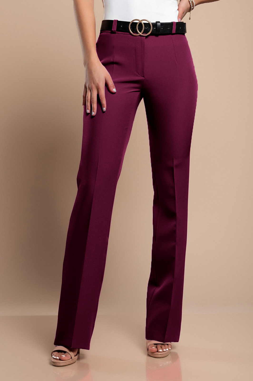 Elegant wine red long trousers with straight leg design, featuring zipper and button closure, made in Italy.