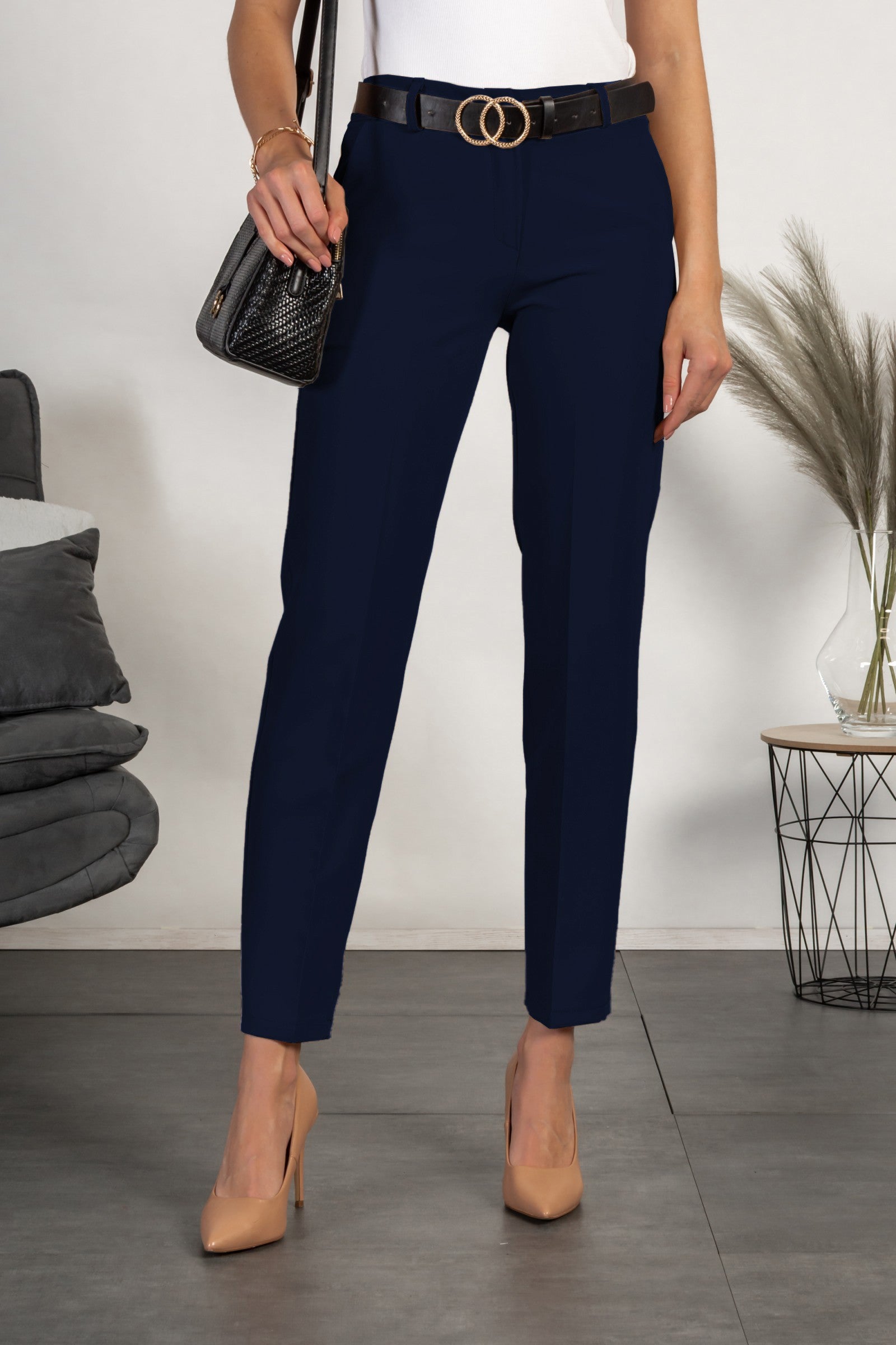 Elegant dark blue long trousers with wide legs, featuring a zipper and button closure, made in Italy.