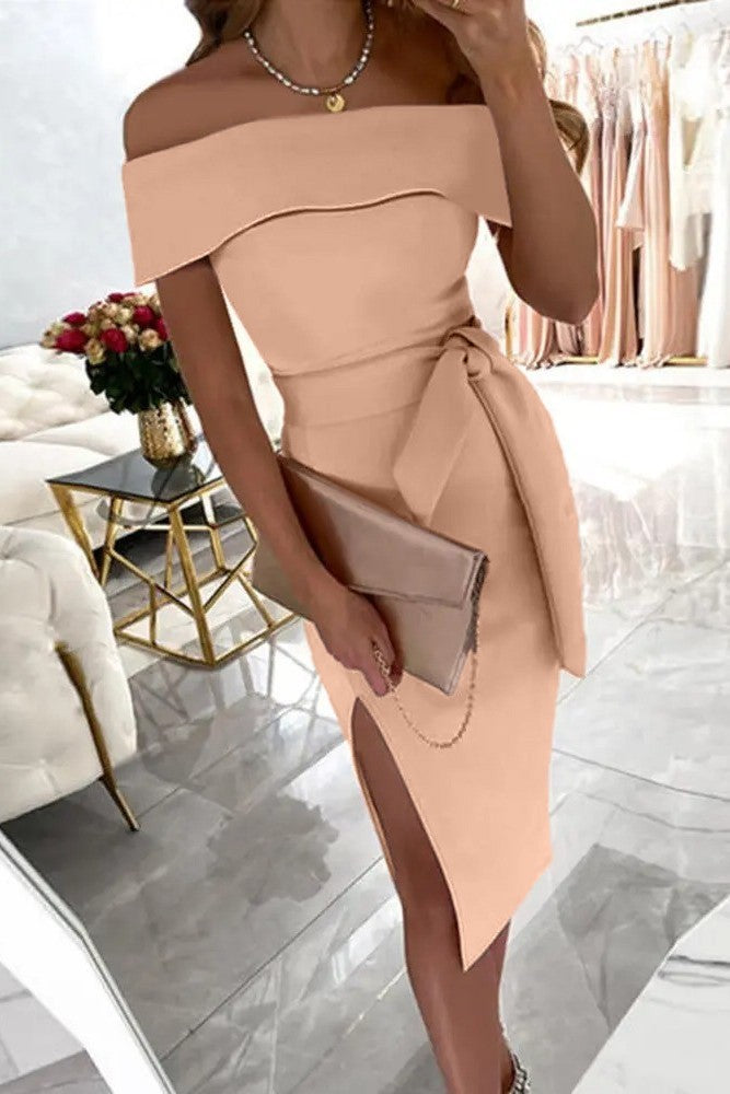 Elegant light pink midi dress Faleria with ruffle neckline and fitted skirt, showcasing its stylish design and quality fabric.