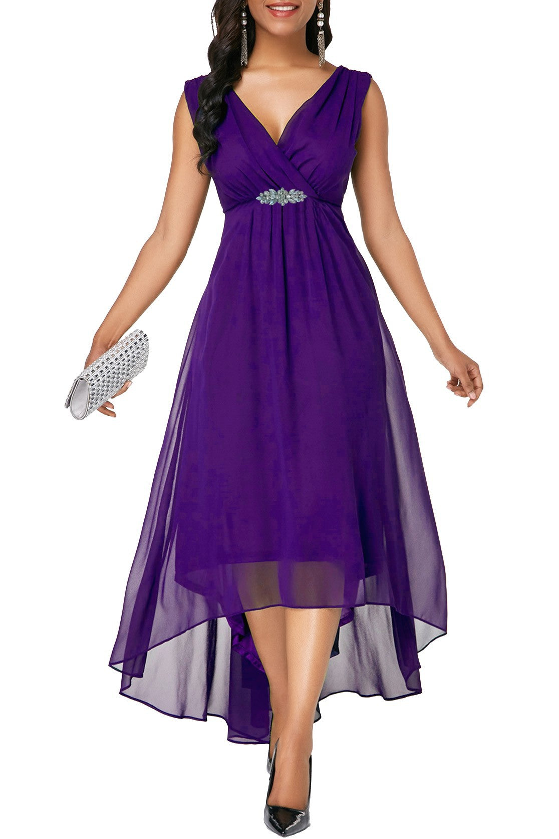 Elegant midi dress Graciana in violet with wide straps and decorative crystal detail.