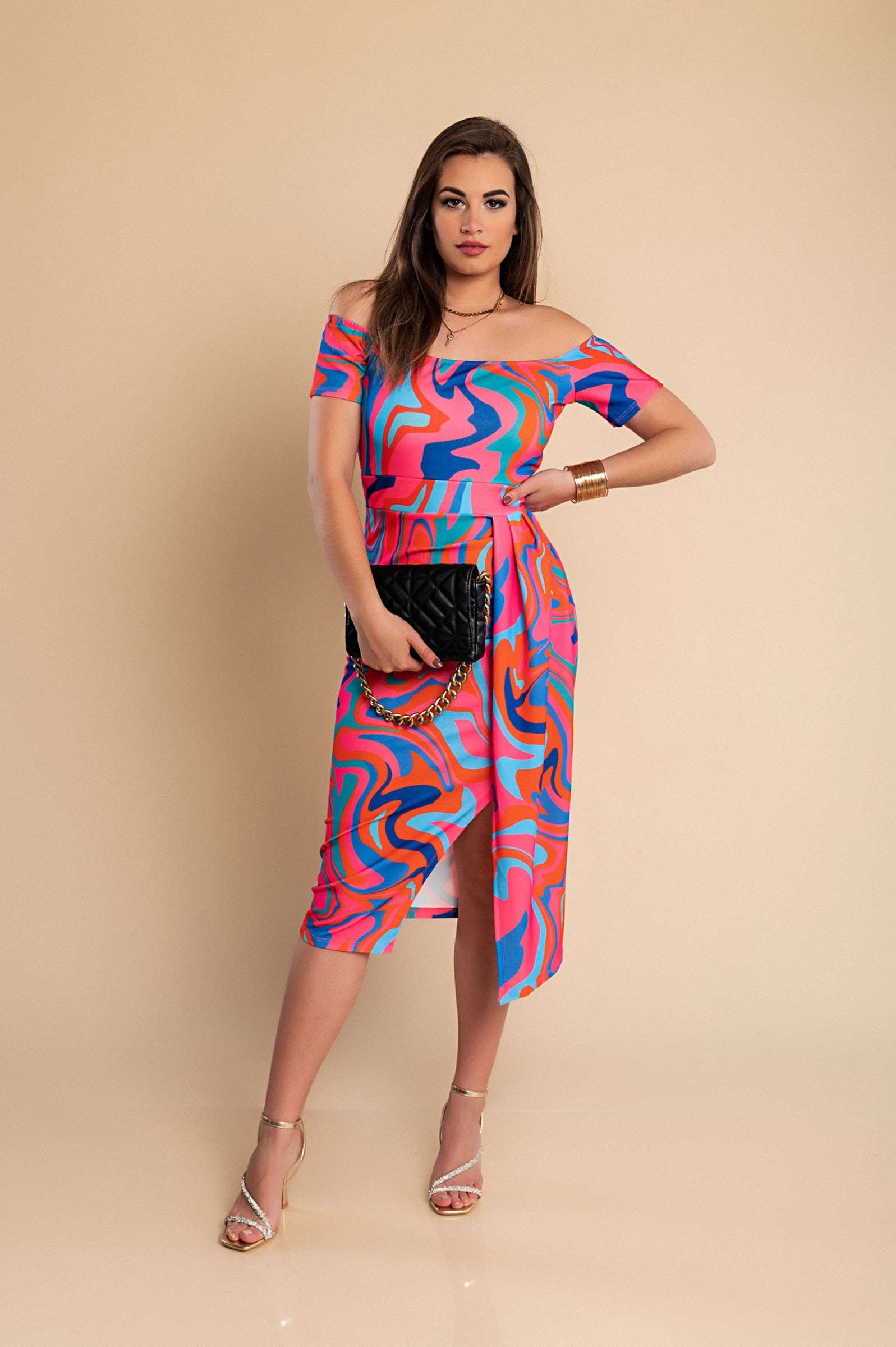 Elegant multicolor floral print midi dress with short sleeves and a wrap skirt, showcasing a straight neckline and comfortable fit.