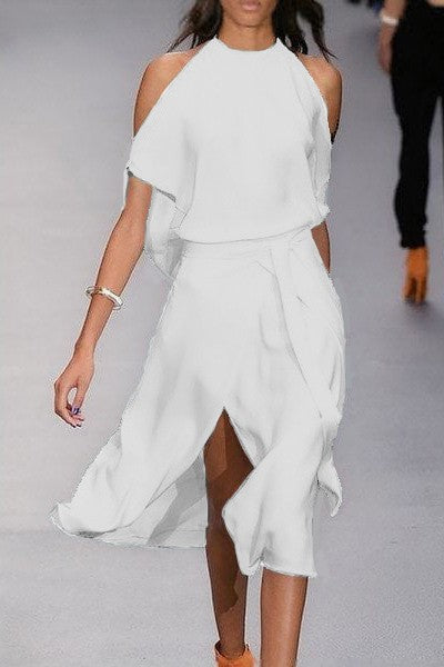 Elegant white midi dress with shoulder slits and wrap skirt, made of faux satin, featuring a round neckline and short sleeves.