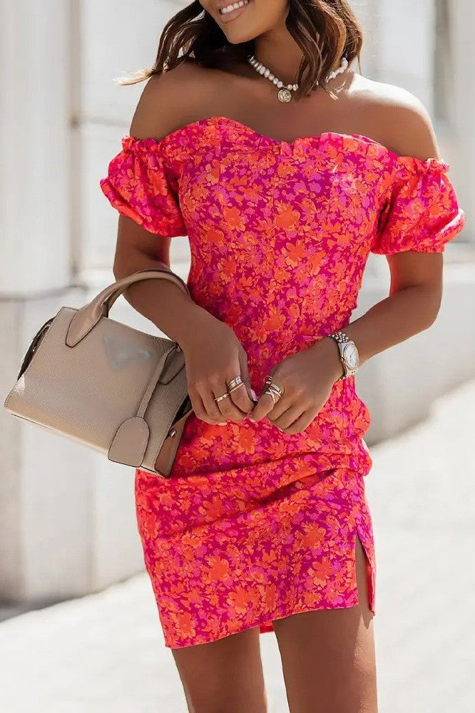 Elegant orange mini dress with print featuring a sweetheart neckline and ruffled sleeves, designed for comfort and style.