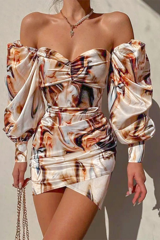 Elegant beige mini dress with print, featuring sweetheart neckline and off-shoulder design, made of high-quality imitation satin.