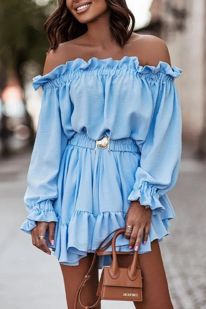 Elegant light blue mini dress with ruffles, featuring a bateau neckline and long sleeves, designed for comfort and style.