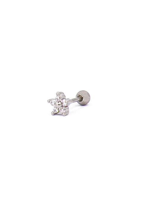 Elegant mini flower-shaped rhinestone earring in silver color, showcasing delicate design and sparkling details.