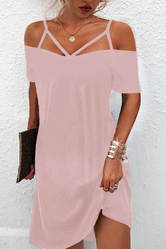 Elegant pink off shoulder strappy mini dress with short sleeves and loose skirt, perfect for casual and formal occasions.