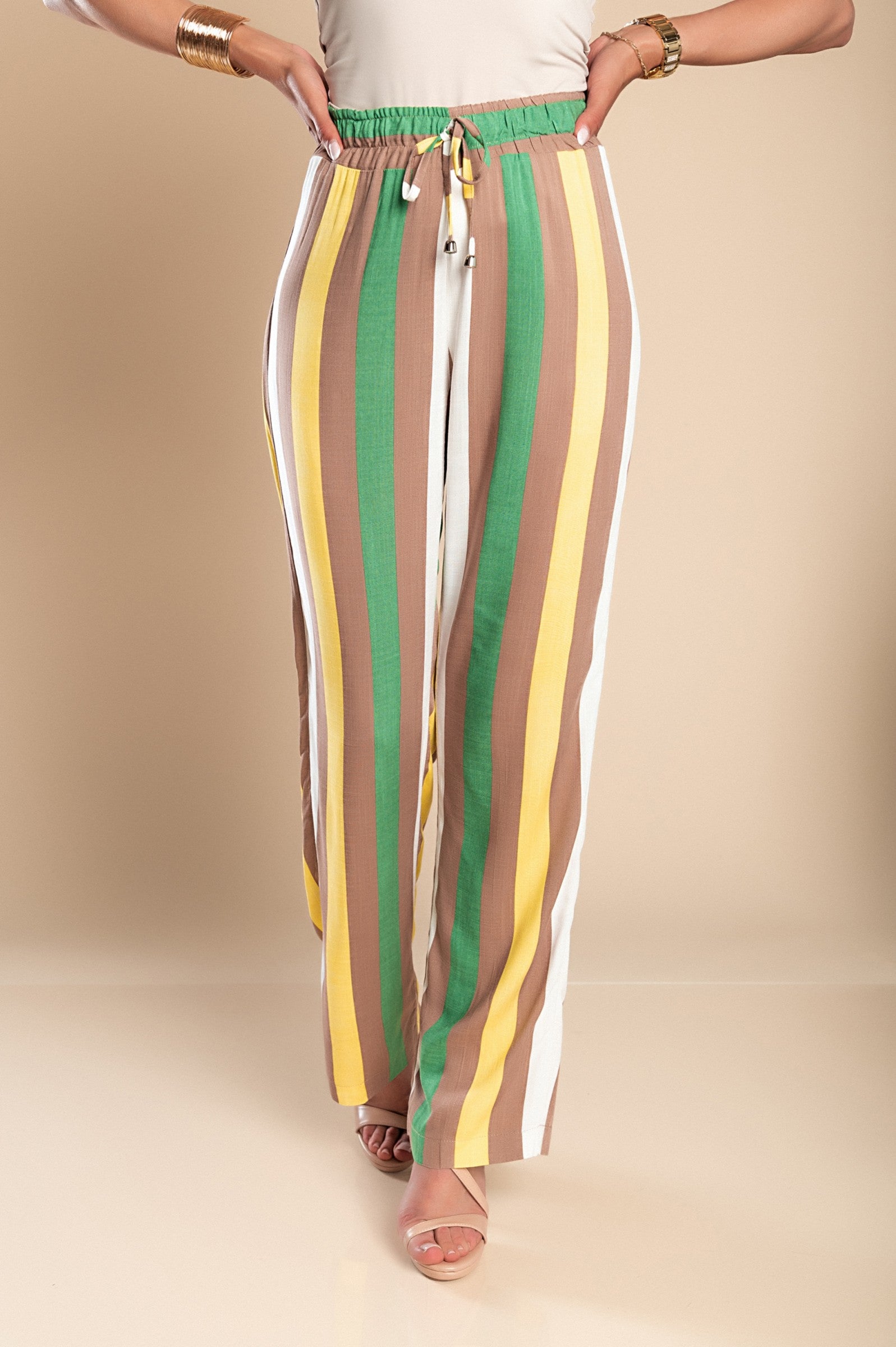 Elegant yellow striped pants made of 100% viscose with an elasticated waist and straight leg design, showcasing Italian craftsmanship.