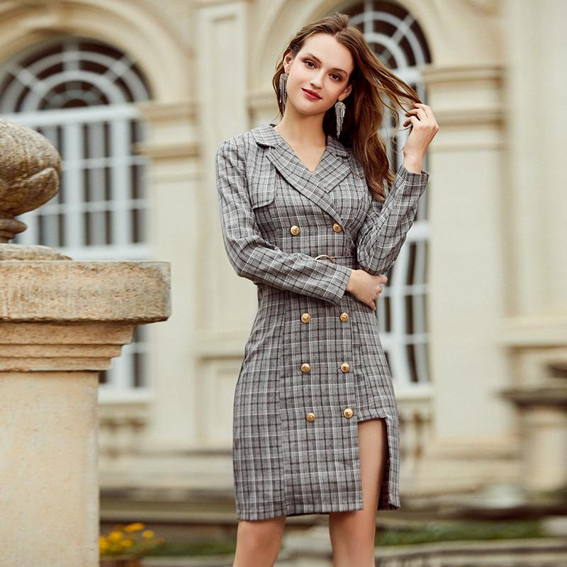 Elegant plaid double breasted belt women dress featuring a stylish design with a notched neckline and full sleeves, perfect for autumn wear.